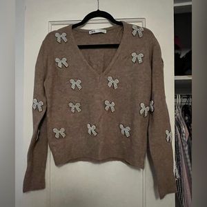 Zara brown v neck sweater Pearl bow size small